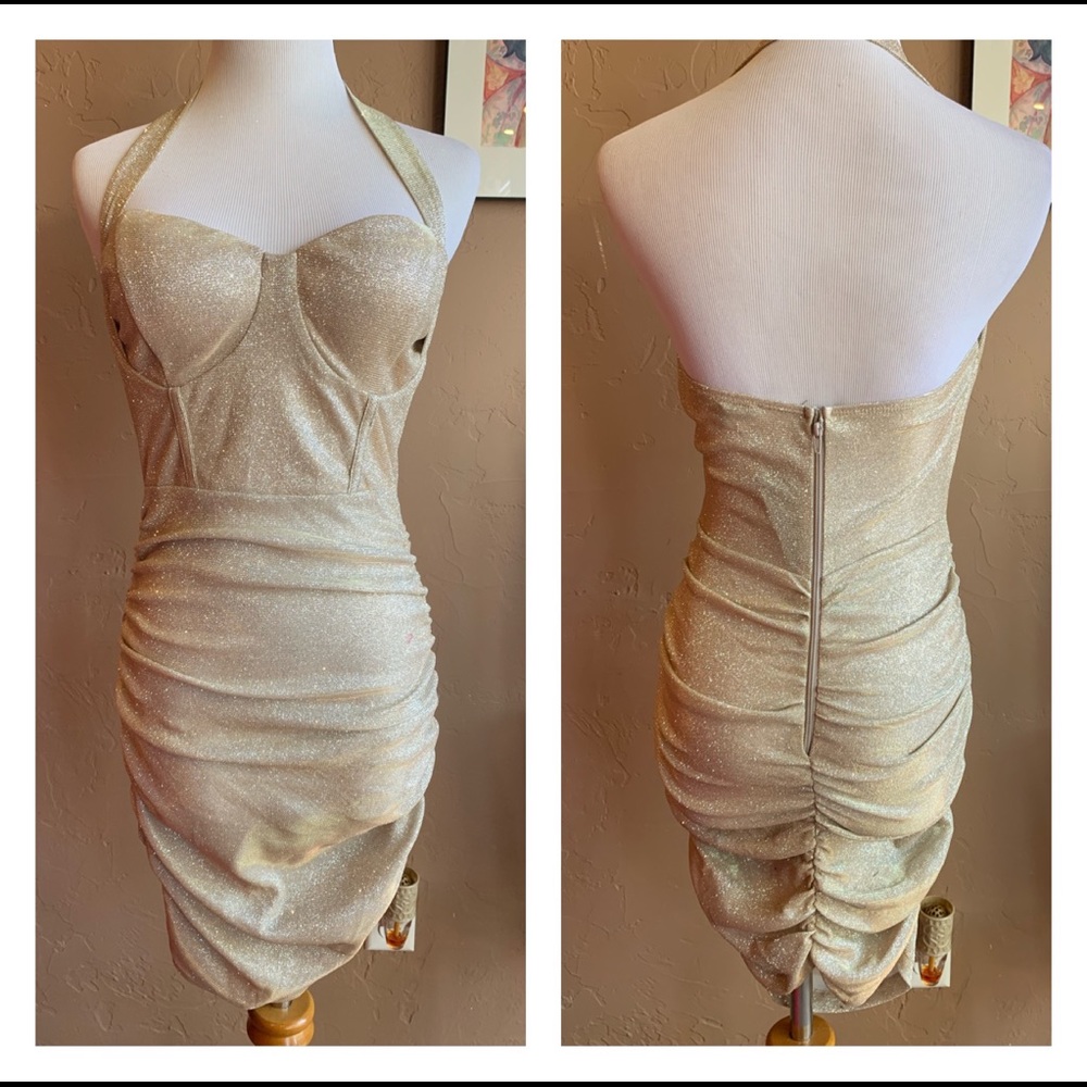 Gold Halter Shimmer Body Control Mini Dress - Picture 7 of 12